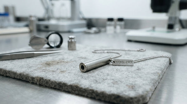 A breathing necklace pendant and materials on a lab-style testing surface