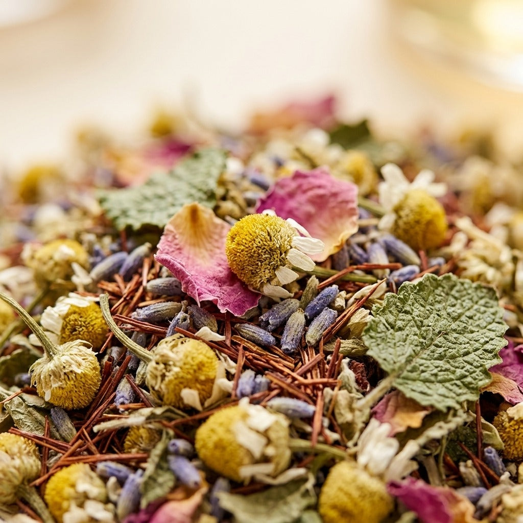 Close-up of the nine-herb caffeine-free loose-leaf calming tea blend with chamomile, lavender, rose petals and rooibos