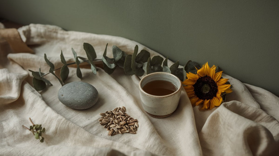 A calm botanical still life — a worry stone, herbal tea and eucalyptus: natural, nicotine-free things to reach for instead of a cigarette
