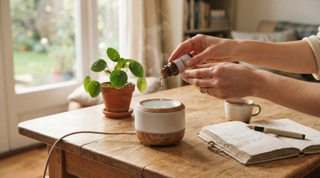 Adding a few drops of essential oil to a diffuser at a desk