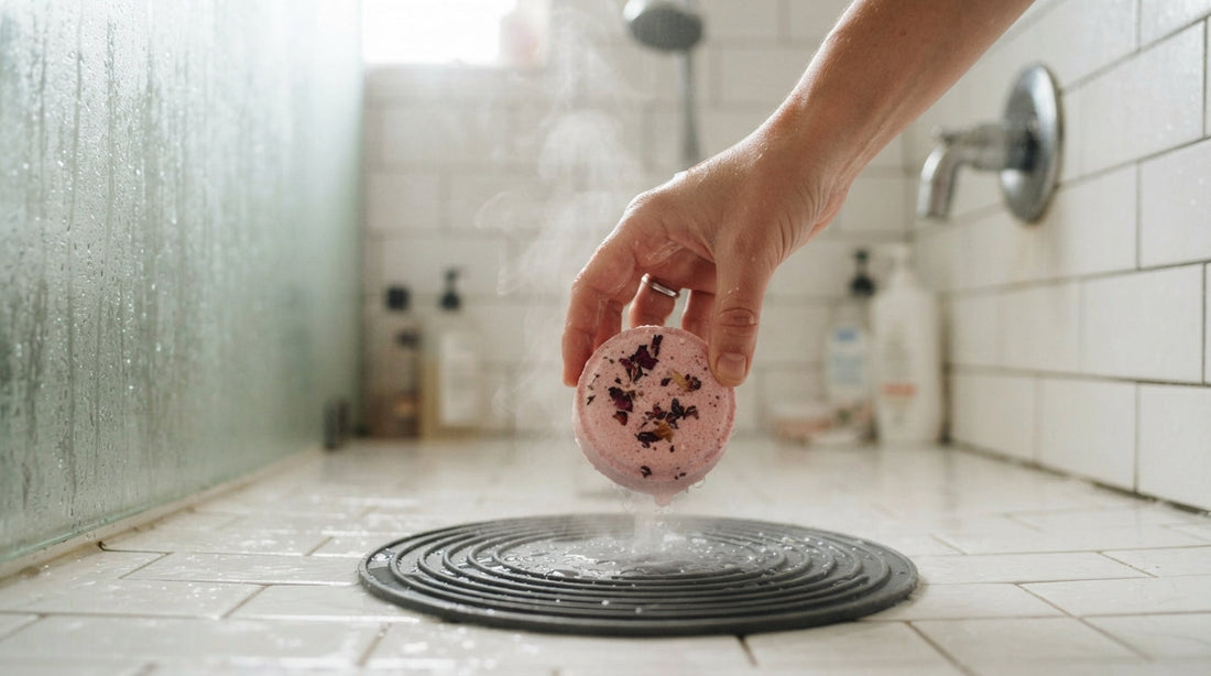 A hand placing an aromatherapy shower steamer on the shower floor