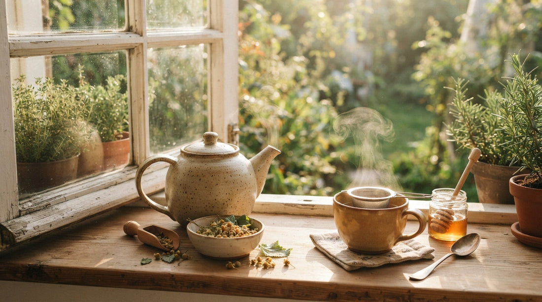 A pot of calming herbal tea and a cup by a sunny window