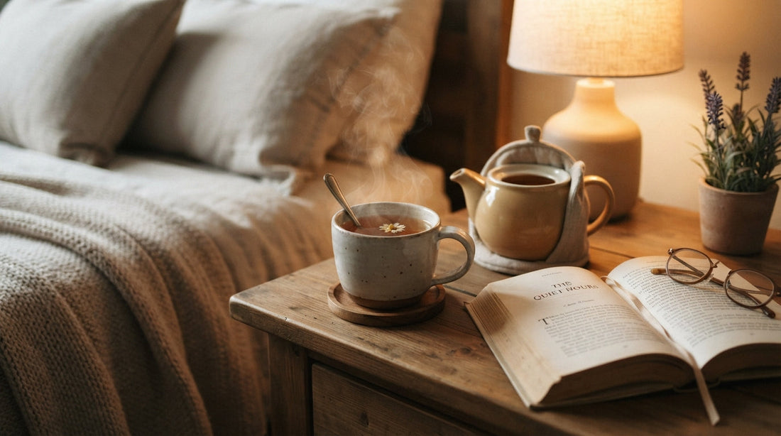 A warm cup of bedtime tea and a teapot on a cozy nightstand