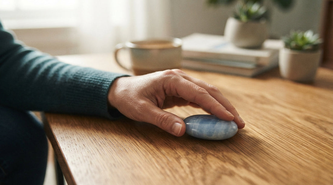 A hand reaching for a smooth worry stone on a desk