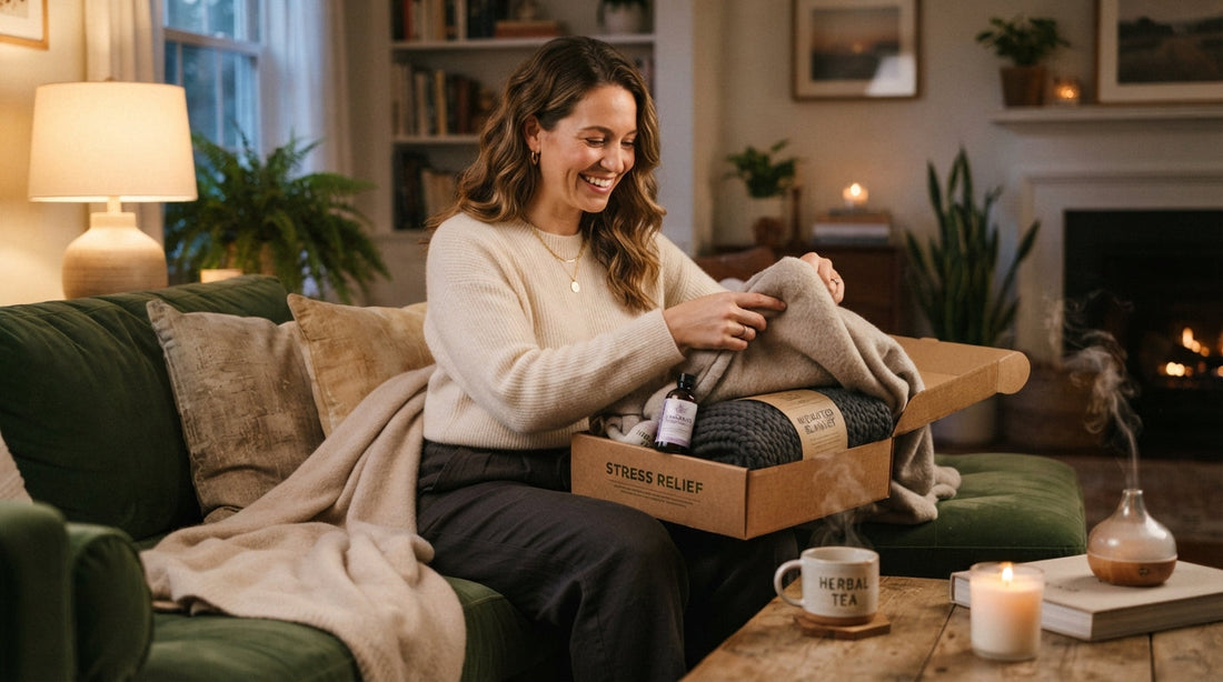 A woman smiling while unboxing a stress relief gift box