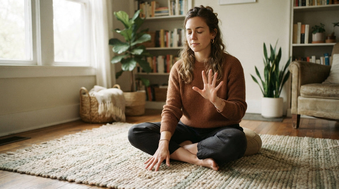A woman practicing a grounding breathing exercise at home