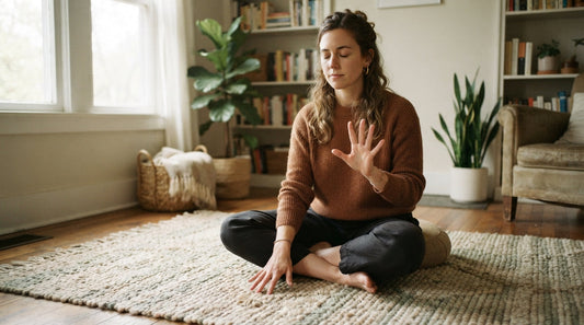 A woman practicing a grounding breathing exercise at home
