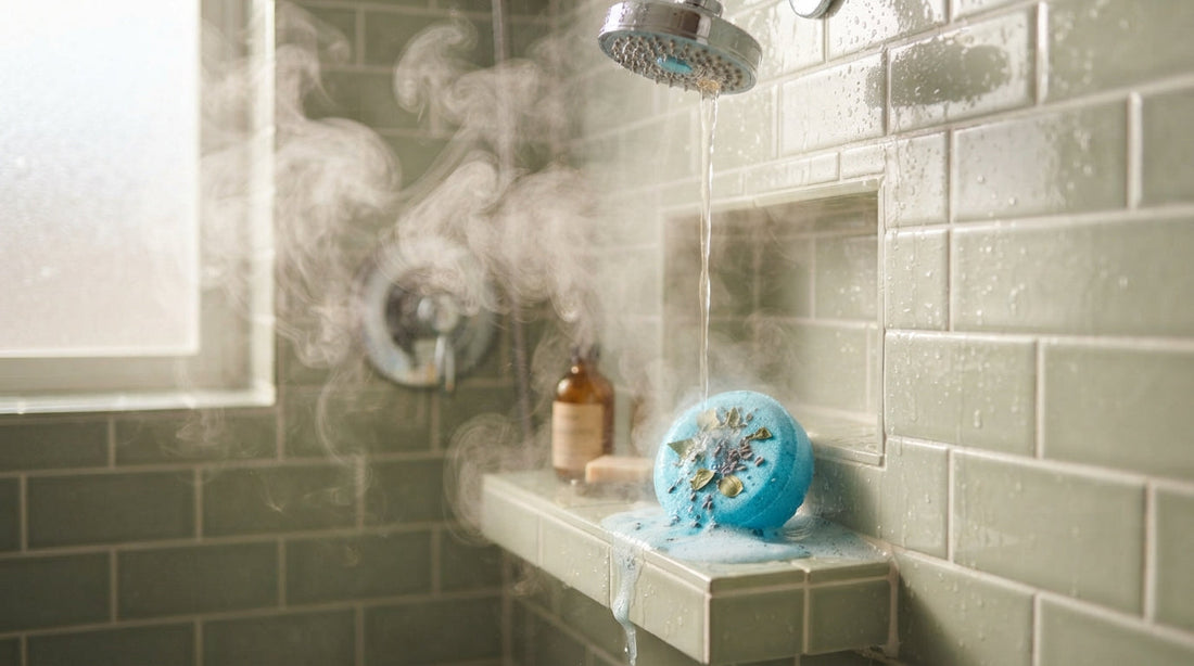 A shower steamer sitting on a shower ledge with warm steam rising