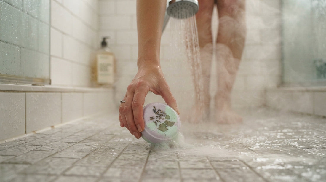 Warm shower water and steam rising around a botanical bath product