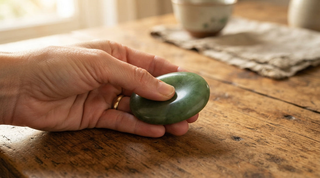 A hand holding a smooth, polished worry stone