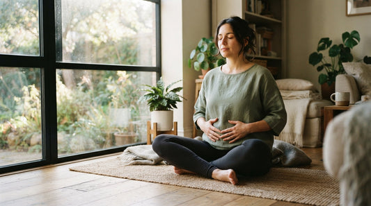 A woman sitting cross-legged, hand on chest, breathing slowly