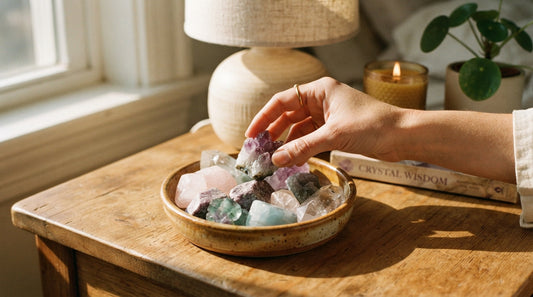 A bowl of smooth calming stones on a nightstand