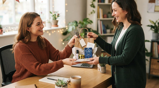 Handing a small gift to a coworker at the office