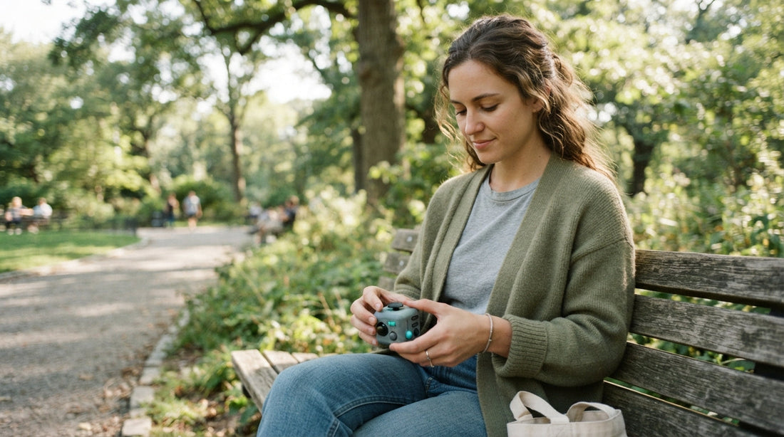 A woman using a fidget tool on a park bench