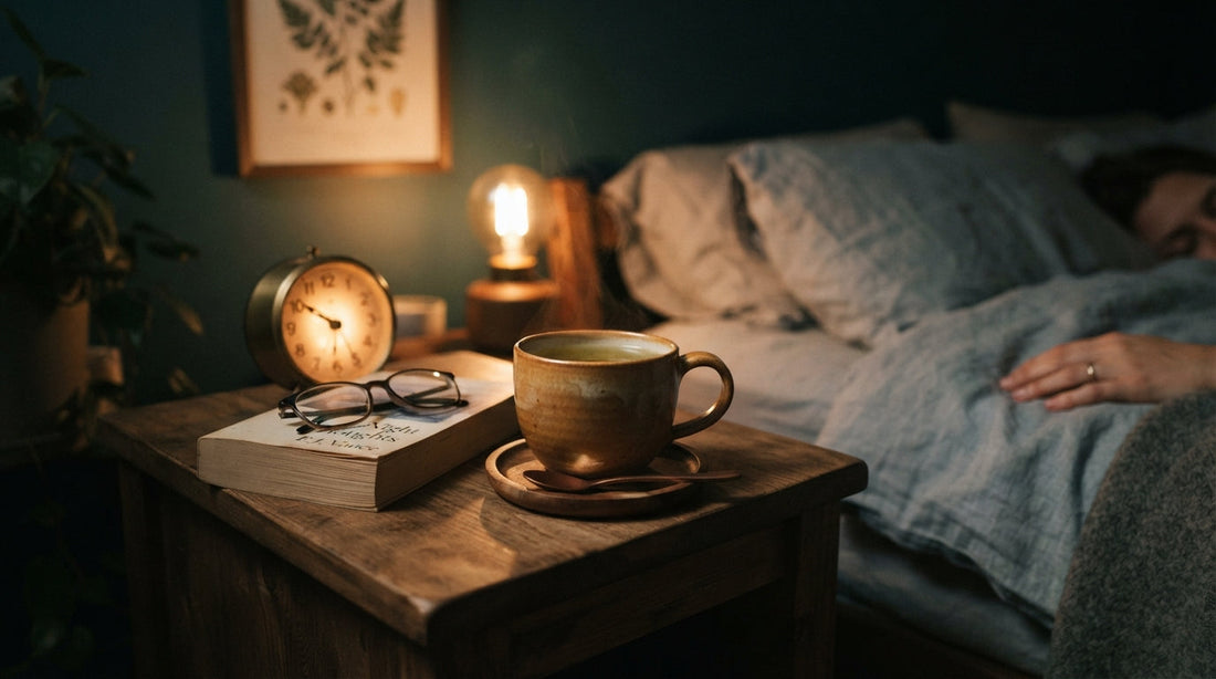 A cup of tea on a nightstand at bedtime