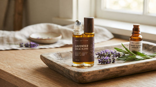 A lavender essential oil roll-on on a wooden tray