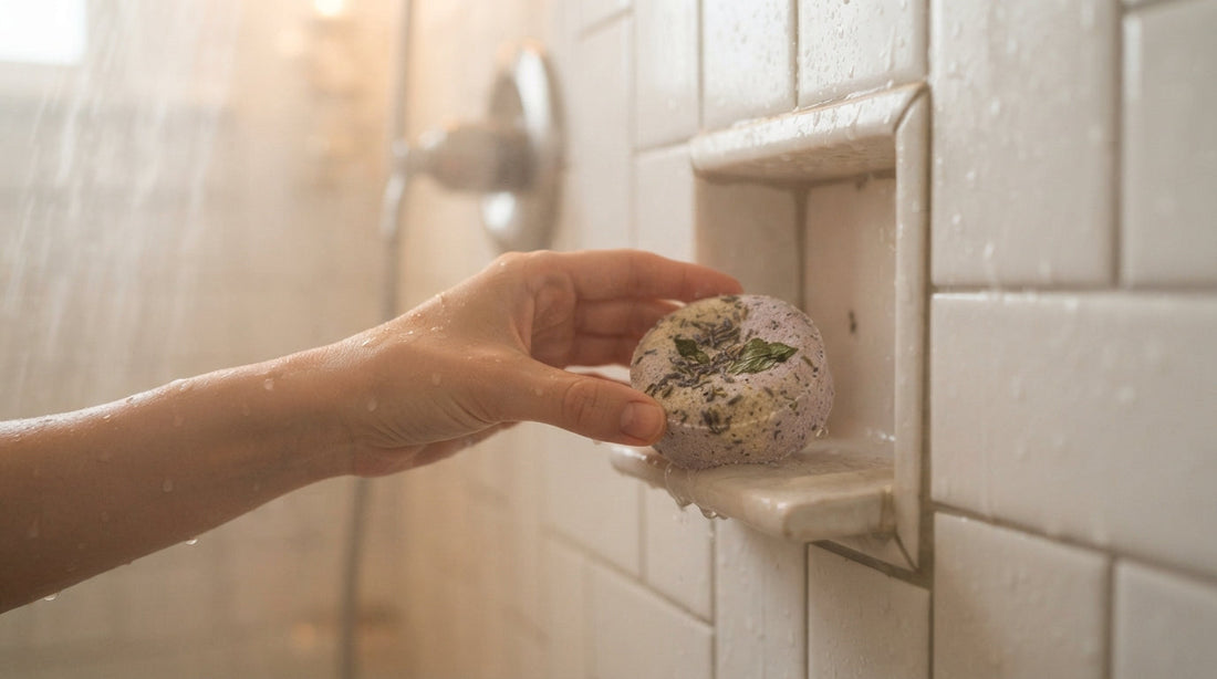 Reaching for a shower steamer stored on a shelf