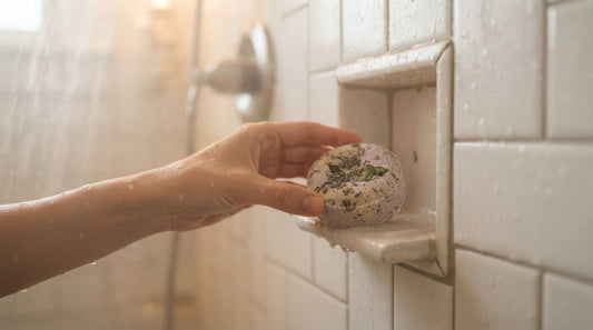 Reaching for a shower steamer stored on a shelf