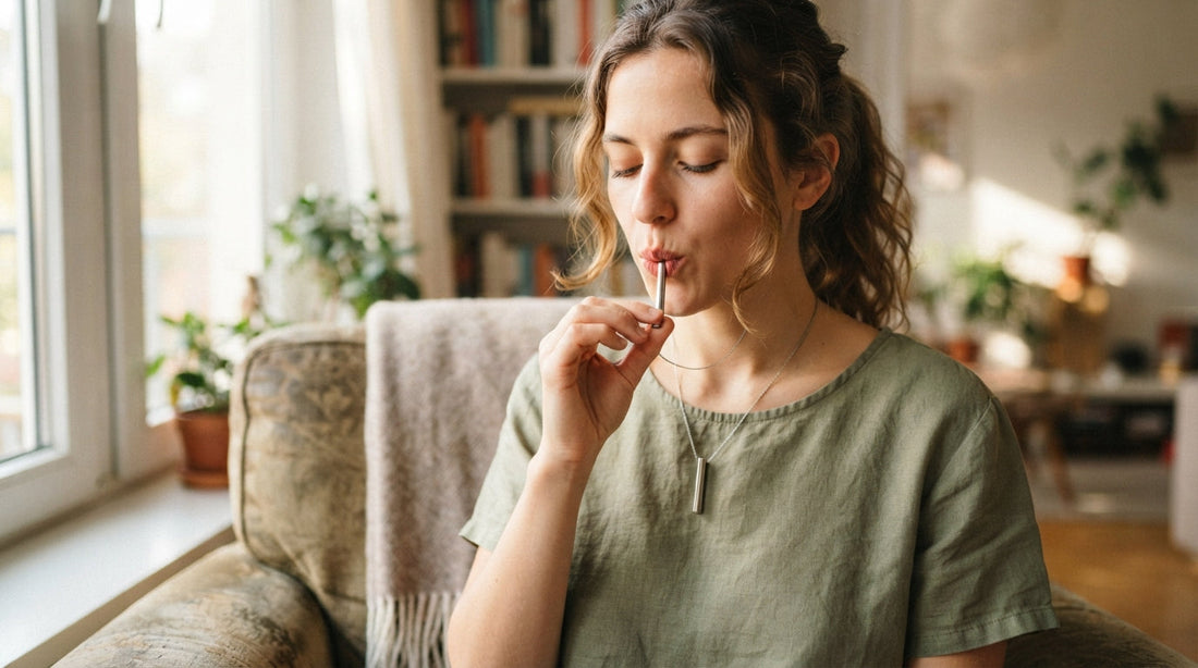 A woman using a breath pendant instead of a vape