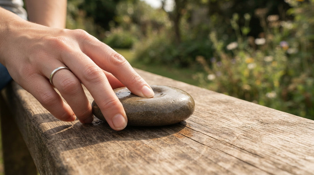 A hand pressing a smooth stone on a wooden outdoor table