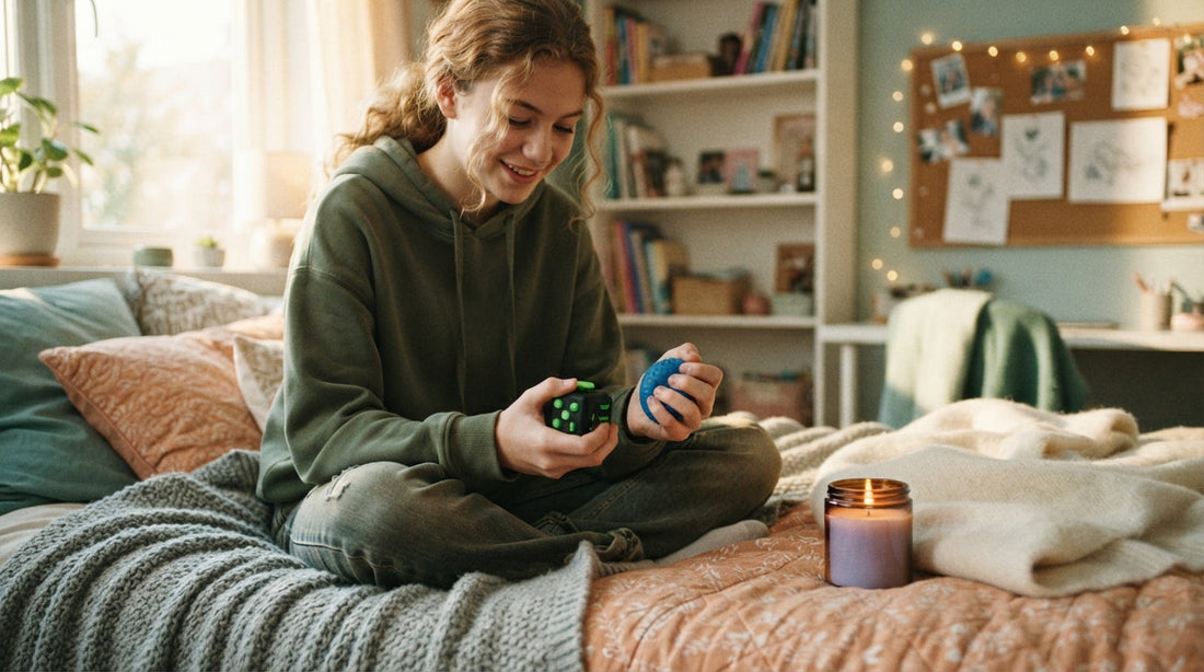 A teen relaxing on her bed with small fidget toys and a candle