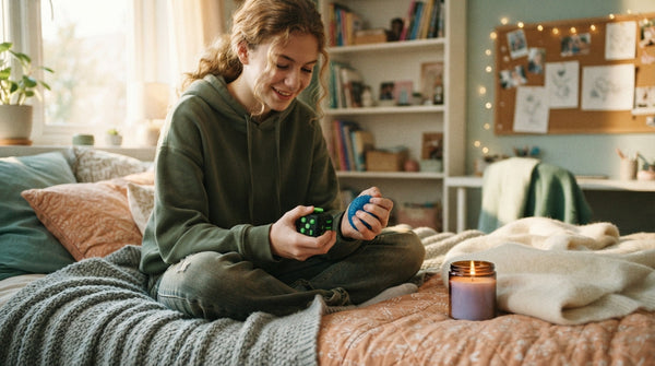 A teen relaxing on her bed with small fidget toys and a candle