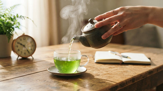 Pouring green tea into a cup on a wooden table near a clock