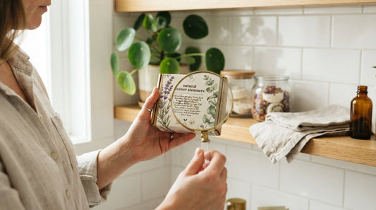 Reading the ingredient label on a natural shower steamer box with a magnifying glass