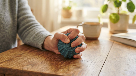 A hand squeezing a soft textured fidget object at a table