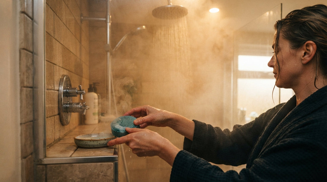 Preparing a shower steamer at the sink before a steamy shower