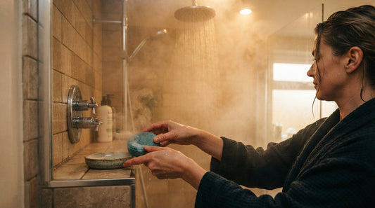 Preparing a shower steamer at the sink before a steamy shower