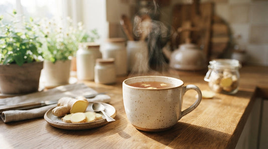 A mug of tea with fresh ginger on a wooden kitchen counter