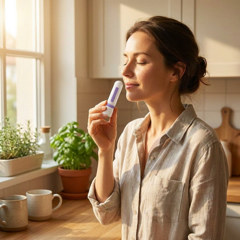 Using a pocket aroma inhaler in a bright kitchen
