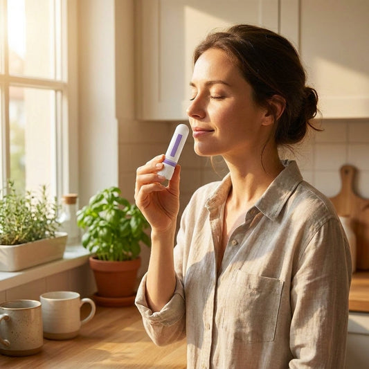 Using a pocket aroma inhaler in a bright kitchen