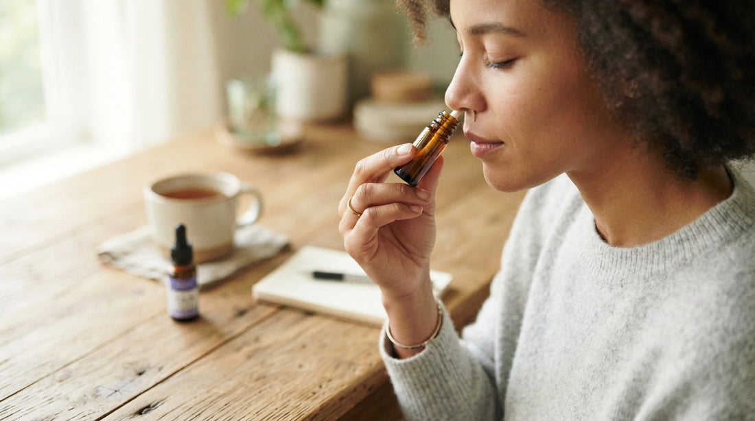 A woman breathing in slowly from a pocket aromatherapy inhaler at a sunny table