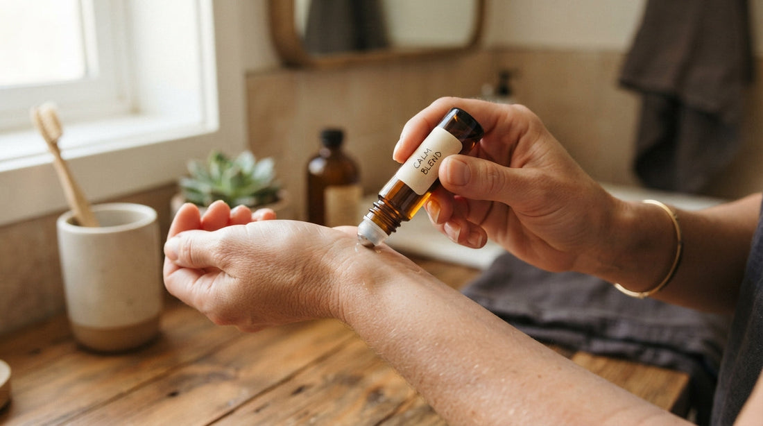 A hand rolling an essential oil roll-on onto the inner wrist