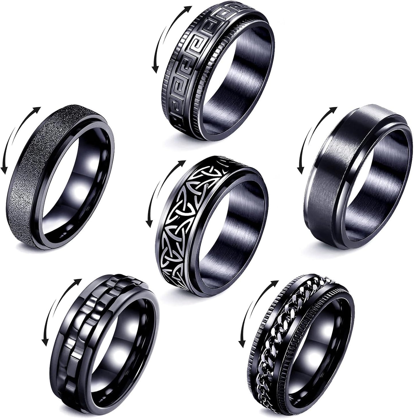 Fidget Rings for Anxiety 4-6Pcs Stainless Steel Rings for Men Fidget Ring Black Anxiety Spinner Ring Set for Women Men