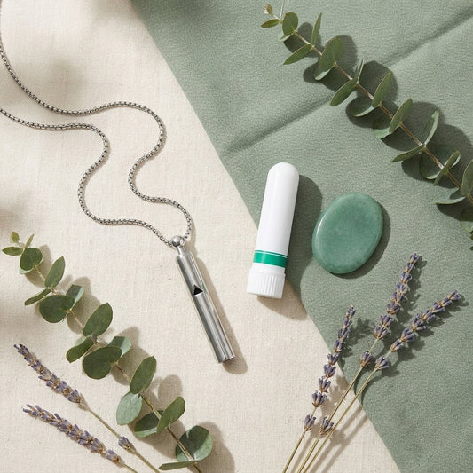 The Calm Kit — breath pendant, pocket aroma inhalers, and jade worry stones