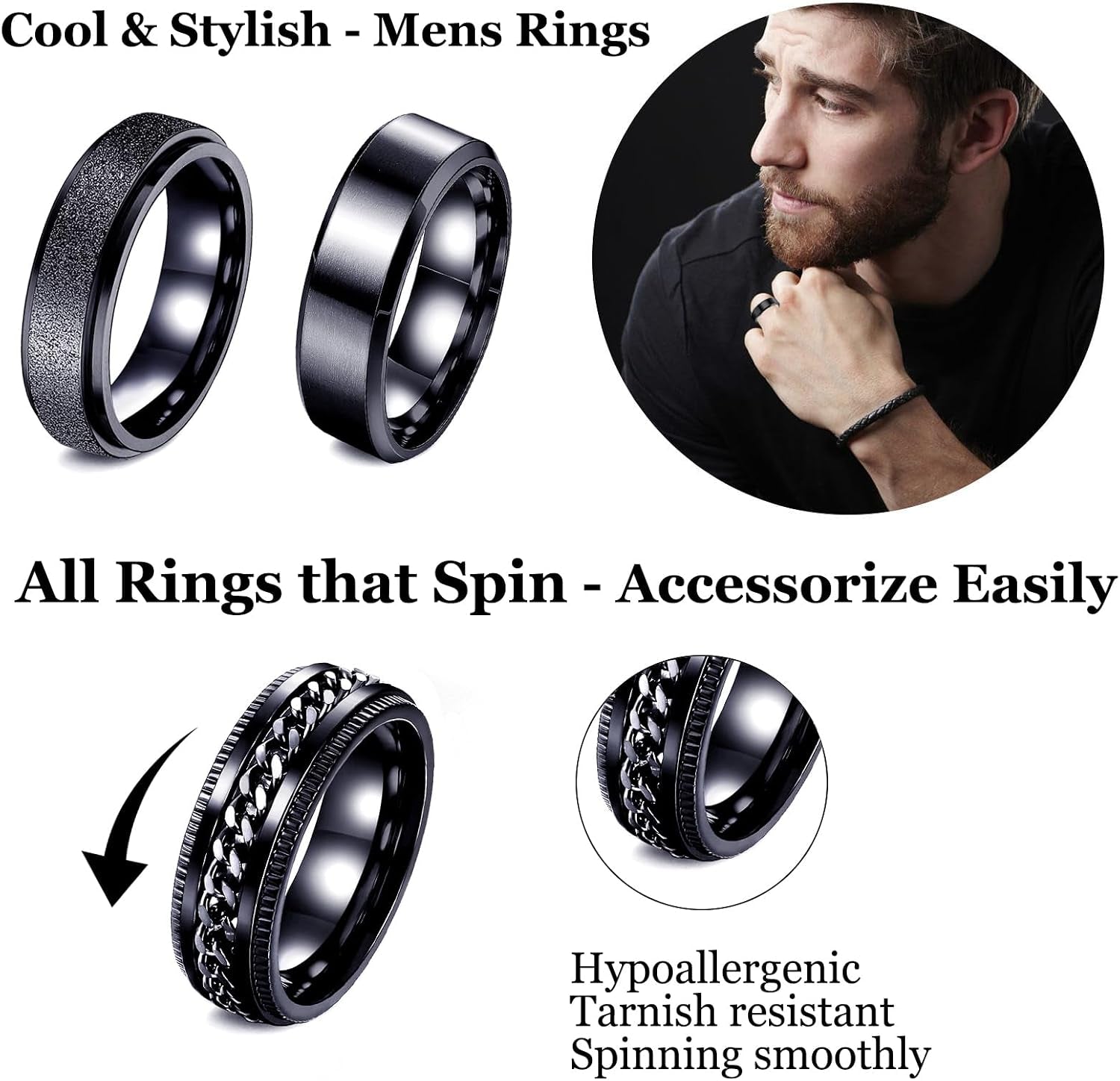 Fidget Rings for Anxiety 4-6Pcs Stainless Steel Rings for Men Fidget Ring Black Anxiety Spinner Ring Set for Women Men