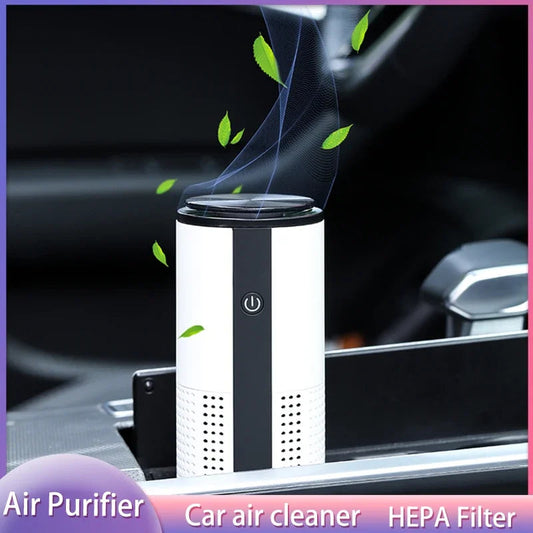 Blue and white portable air purifier with a touch power button and floating leaf graphic, resting in a car cup holder