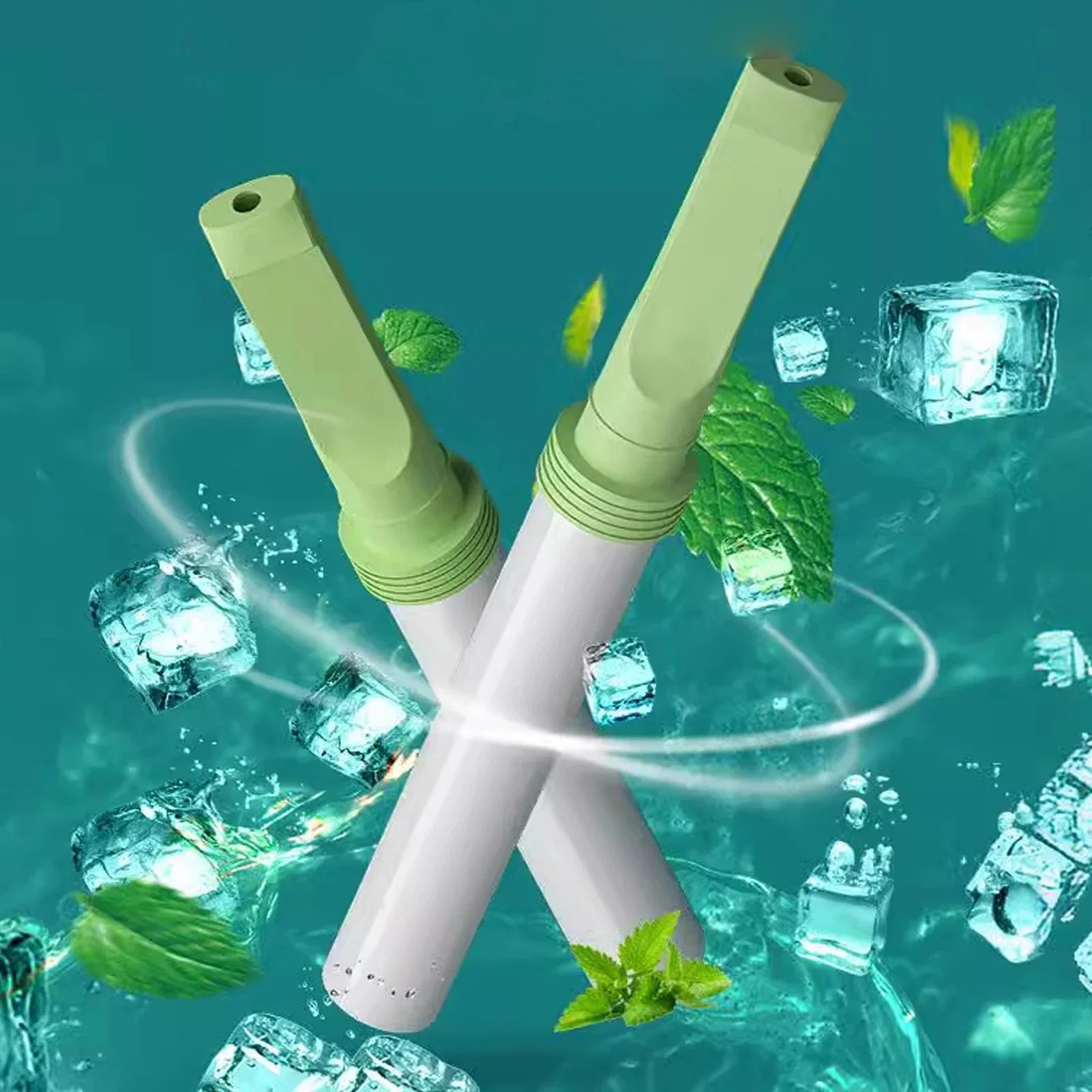 Two green and white Smokeless Air Inhalers crossed against a teal background with mint leaves and ice cubes