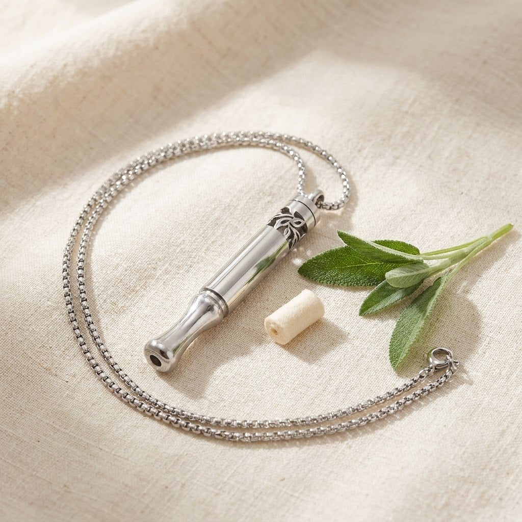 Silver cotton-core aromatherapy inhaler necklace with cotton cores