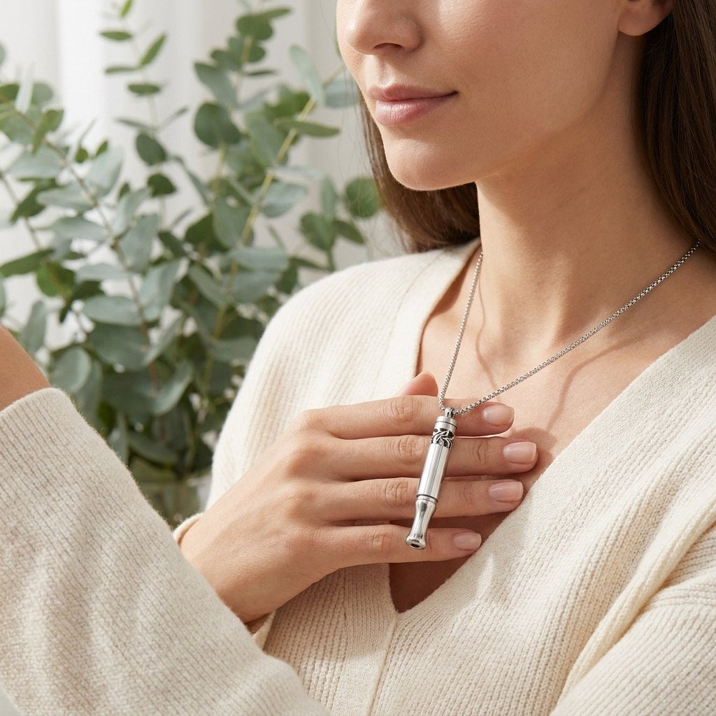 Woman wearing the silver aromatherapy inhaler necklace