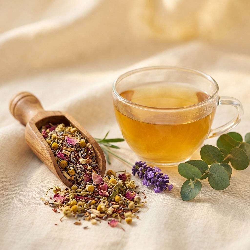 Loose-leaf calming bedtime tea with chamomile, lavender and rose petals in a wooden scoop beside a glass cup of brewed caffeine-free herbal tea