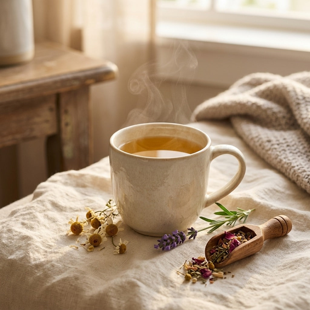 Steaming ceramic mug of caffeine-free calming herbal tea on linen with chamomile and lavender for an evening wind-down ritual