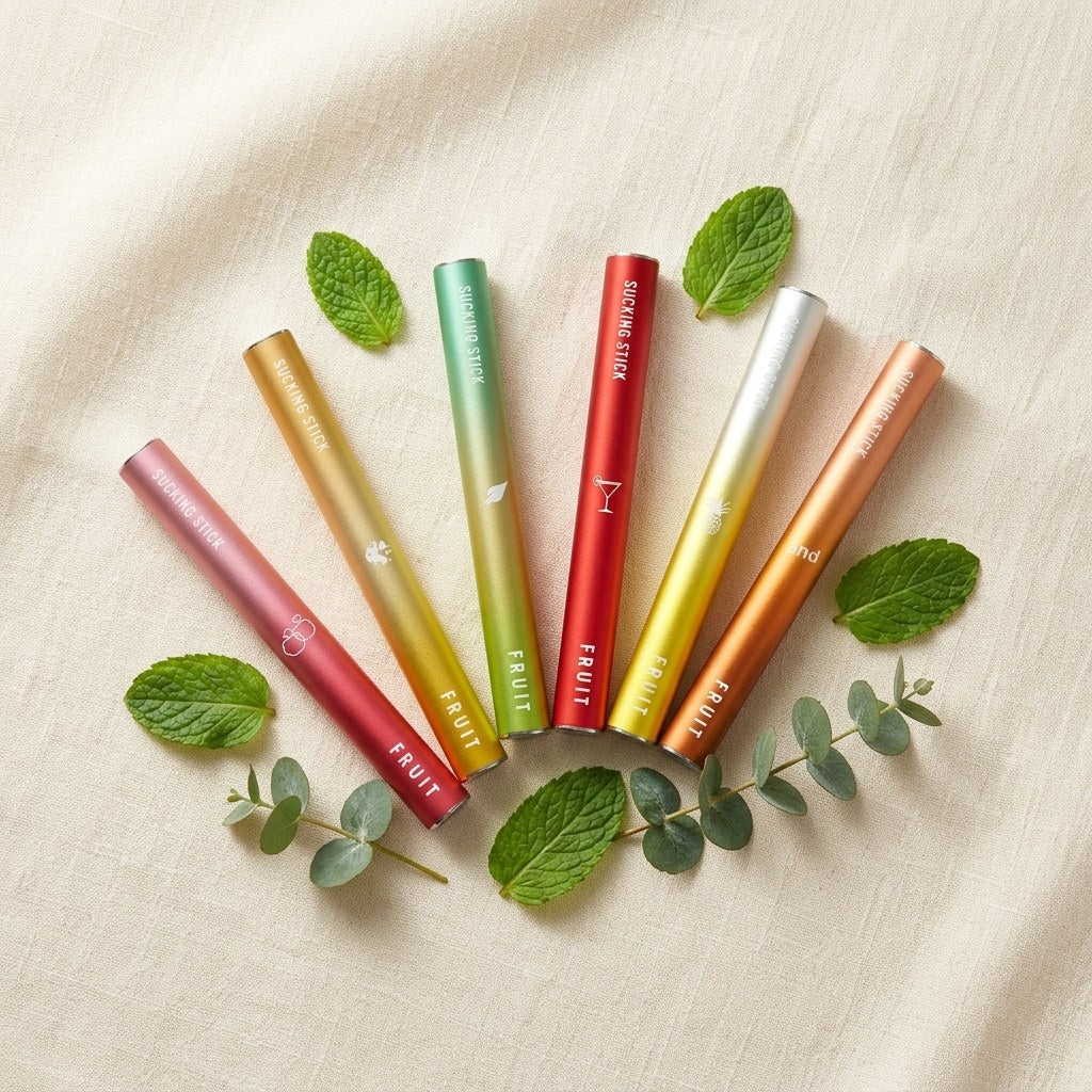 Six colour-coded fruit aromatherapy sticks with fresh mint