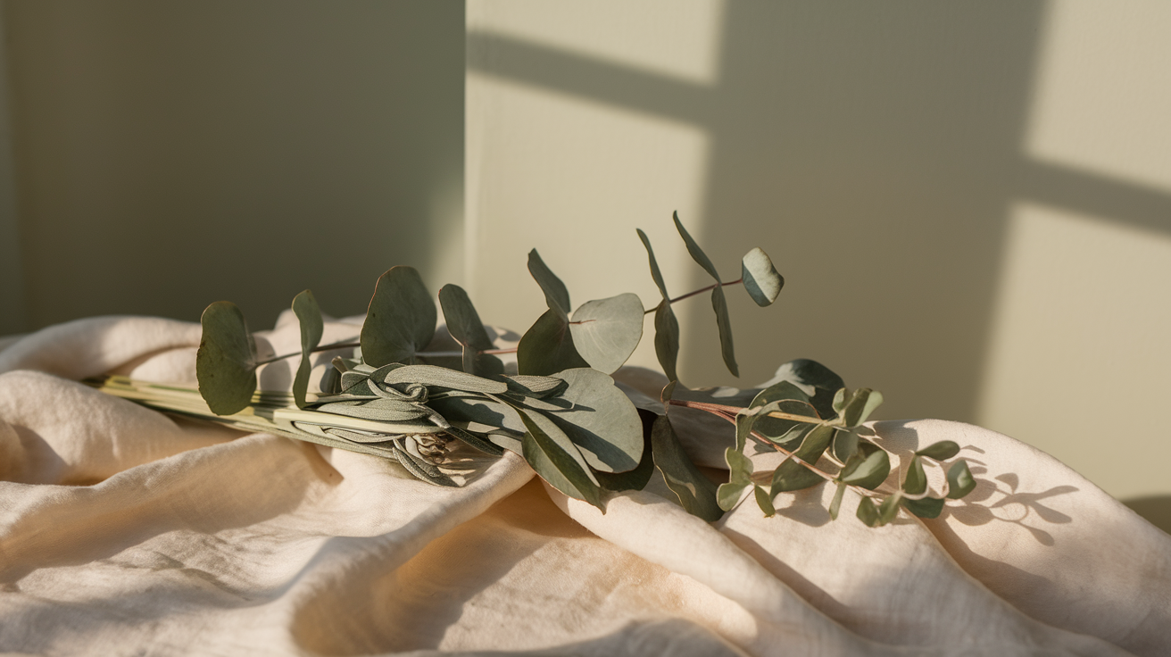 Calm eucalyptus and sage sprigs on linen in soft morning light